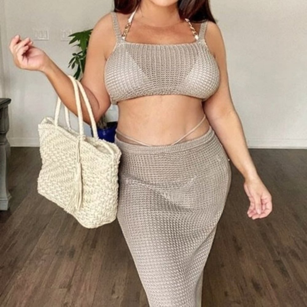 Tan 2 piece knit skirt and crop top knit coverup set - Picture 5 of 15